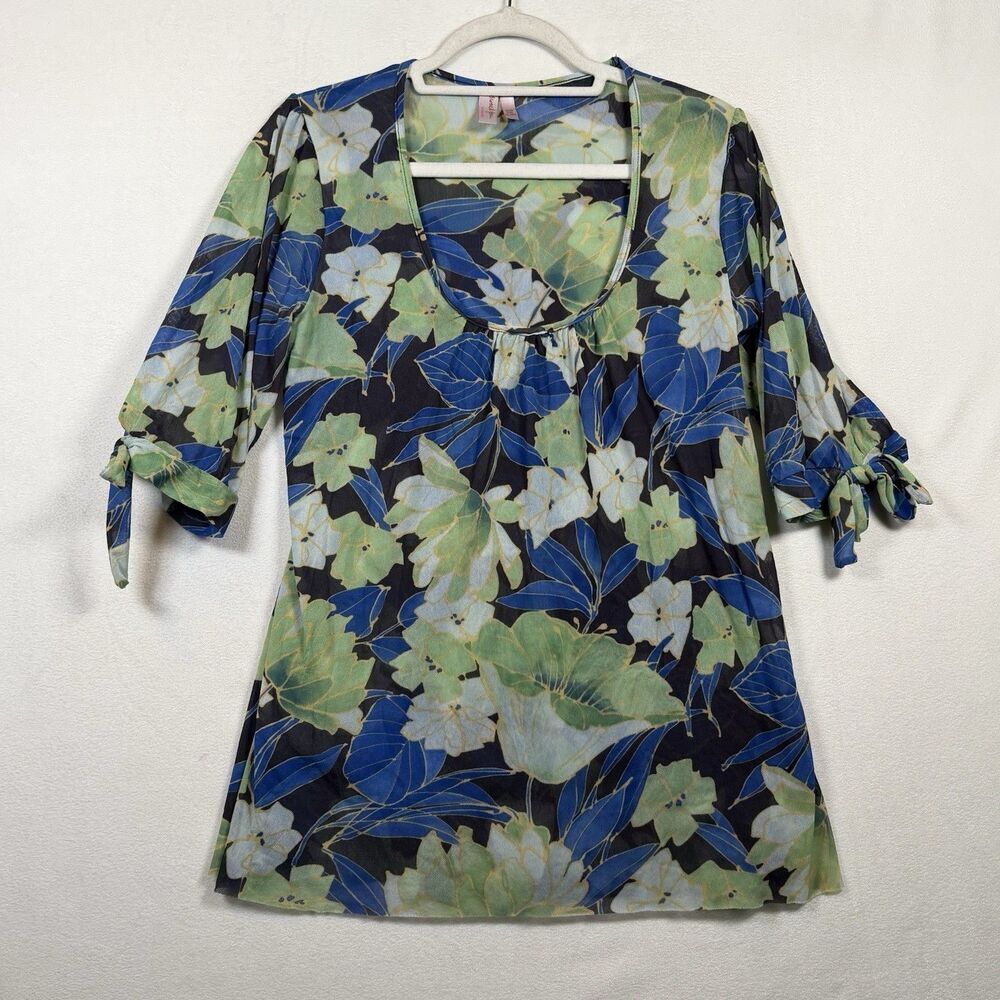 Sweet Pea Stacy Frati Mesh Top Floral Blue Green Sheer Stretch 3/4 Sleeve